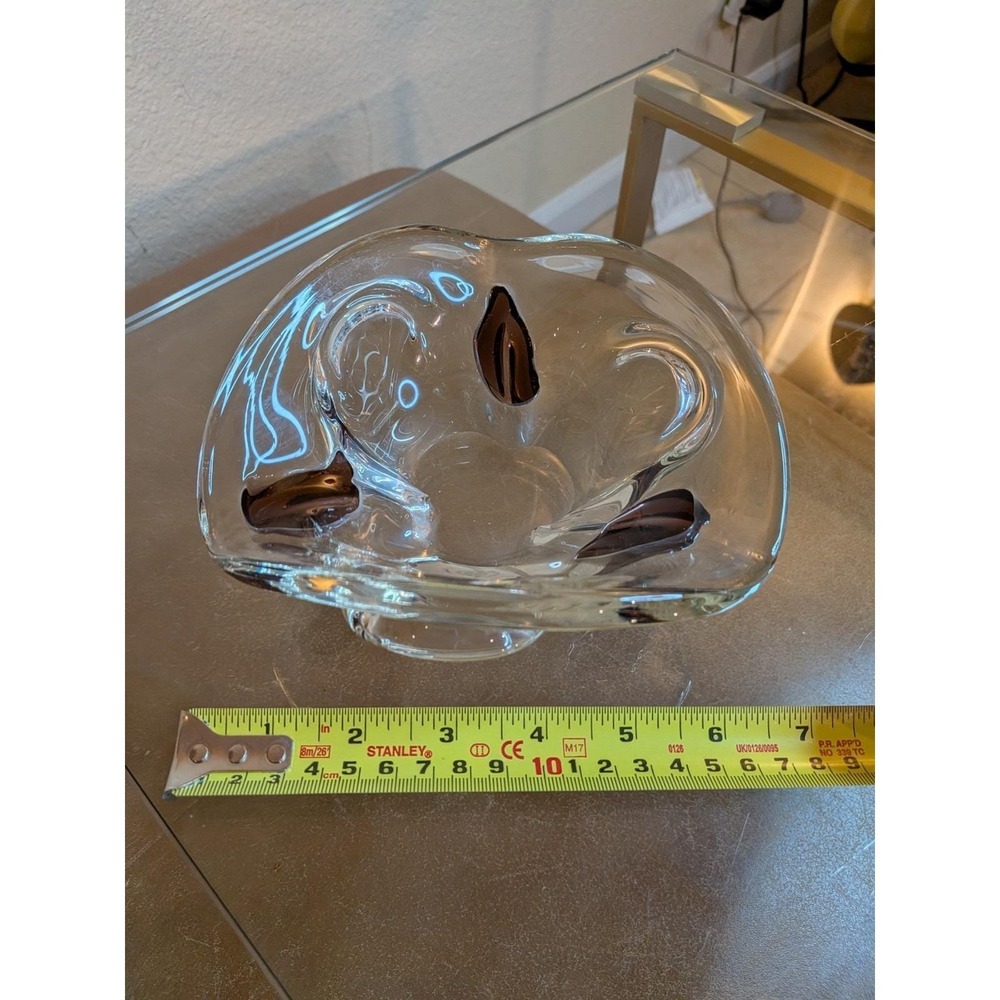 Vintage MCM Art Glass Thumbprint Bowl Thick Clear w/ Deep Amethyst Inclusions 7"